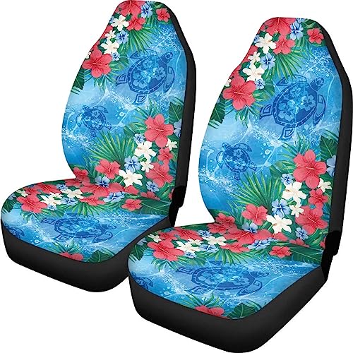 JOAIFO Hawaiian Print Car Seat Covers Set of 2,Hibiscus Flower and Sea Turtle Pattern High Back Seat Protector for Car Front Seat,Universal Seat Covers for Cars SUV Trucks