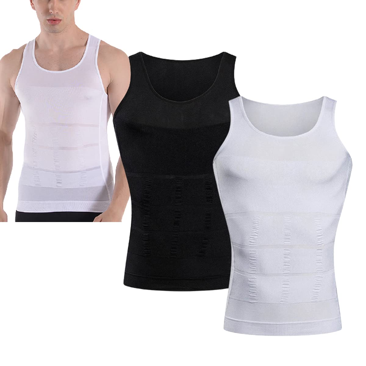 Kjzeex2-Pack Men's Slimming Body Shaper Compression Shirt, Compression Vest Men, Girdles Abdomen Slim Vest Tummy Shaper Elastic Body Shaper for Men