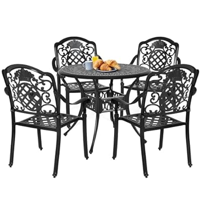DWVO 5 Piece Outdoor Furniture Cast Aluminum Patio Dining Sets, All-Weather Patio Bistro Sets with 4 Chairs, 35 Inches Round Table with Umbrella Hole, Adjustable Feet for Balcony Backyard Deck Garden
