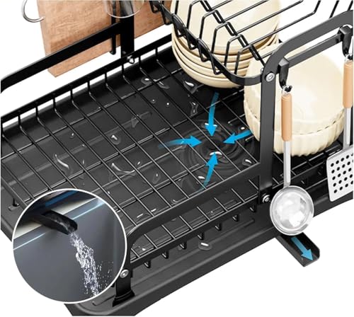 Image of Amazon Brand - Umi 2-Tier Dish Drying Rack with Cutlery Holder for Kitchen Counter, Kitchen Storage Rack, Utensil Rack, Cups and Plates Storage Organizer, Rotating Drainer Board (42x30x33cm)