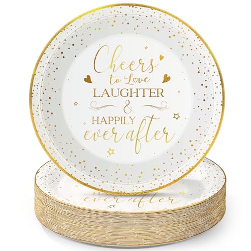 Willinglong 50 Pack Wedding Paper Plates - 9 Inch Bulk Cheers To Love And Happily Ever After Dinner Dessert Plates for Wedding Bridal Shower Engagement Party Supplies