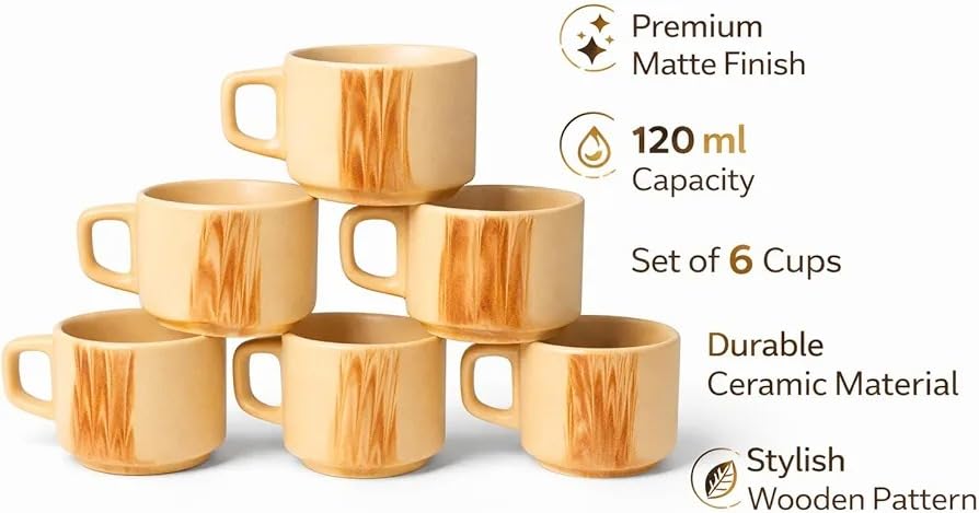 Image of Premium Handmade Ceramic Coffee Mug Set of 6, Rustic Beige Tea Cups with Handle, Stackable Stoneware Cups for Tea Coffee Espresso Cappuccino, Microwave & Dishwasher Safe, Aesthetic Kitchen Drinkware
