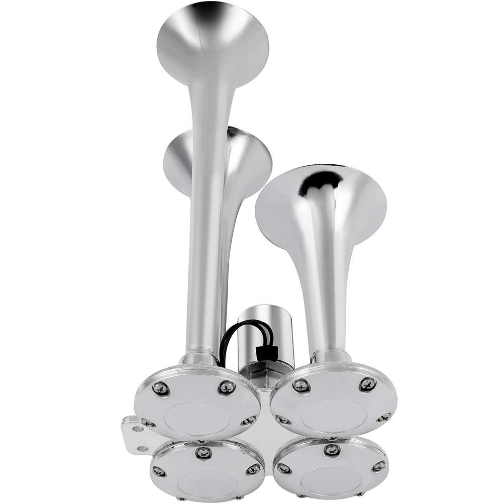 Ineedup Train Horn for Truck Super Loud 4 Trumpet 12V 150dB Electric Truck Train Car Horn with Hose for Trucks Cars Vans Boats RVs SUVs Silver