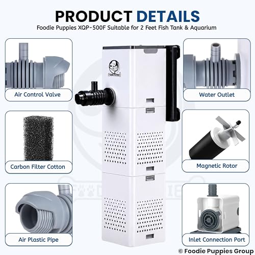 Image of Foodie Puppies Aquarium Internal Sponge Filter - (XQP-500f) | 500L /h 5 Watt Motor | Ultra-Silent, Multi-Function Submersible Filtration Pump Suitable for 2 Feet Fish Tank and Aquarium