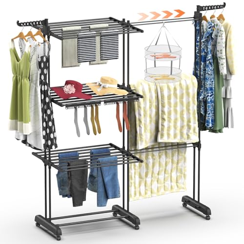 Huracan Stendibiancheria a torre, da balcone, con 3 piani, 2 ali laterali, supporto per calze salvaspazio e piani pieghevoli, torre per bucato telescopico
