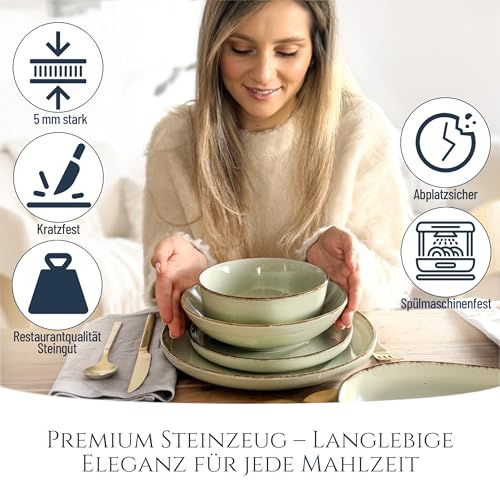 Steingut Geschirrset 6 Personen Rustic 24 tlg. TESTSIEGER, Hochwertiges Landhaussttil Steingut Geschirr Set, Schüssel- und Teller Set, Tafelservice 6 Personen, Geschirrsets Pure Living in Mintgrün