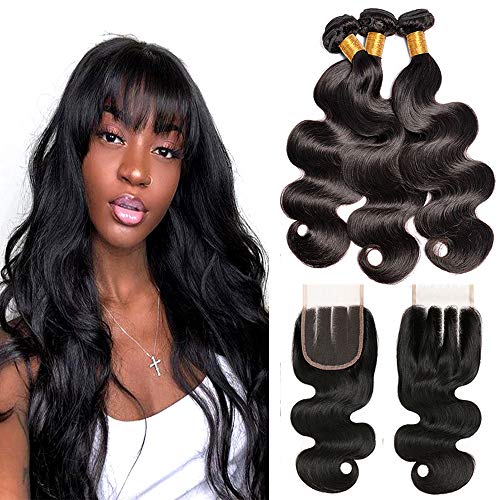 8A Brazilian Body Wave Bundles With Closure Three Part 100% Unprocessed Virgin Human Hair Extension Hair Weave Bundles With Lace Closure 4X4Inch Natural Color (BW 10 12 14+10 4x4)
