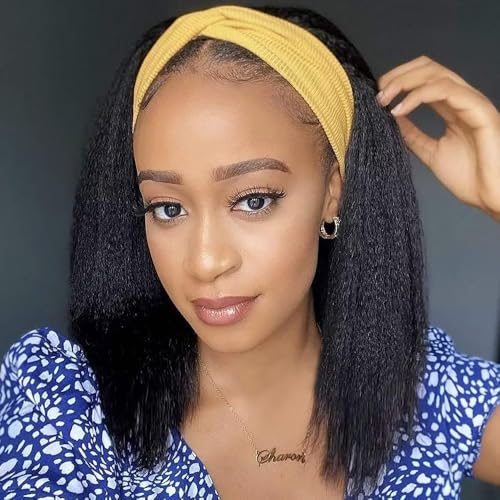 Yaki Headband Human Hair Wig For Black Women Kinky Straight Headband Wigs Human Hair Brazilian Virgin Hair Wig None Lace Wigs With Headband Natural Black Color 14 Inch Kinky straight Echthaar Perücke