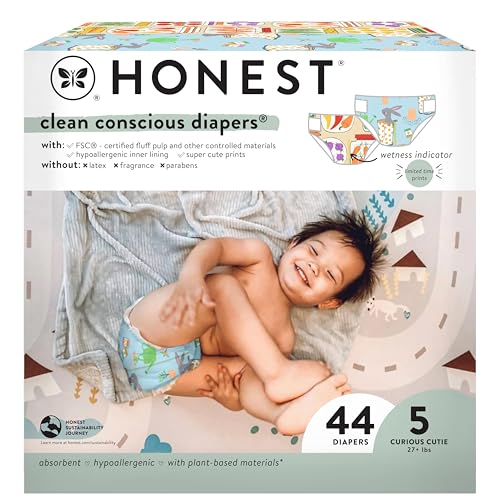 The Honest Company Clean Conscious Diapers for Sensitive Skin | Hypoallergenic, Fragrance Free | Spring '25 Limited Edition Prints | Club Box, Size 5 (27+ lbs), 44 Count