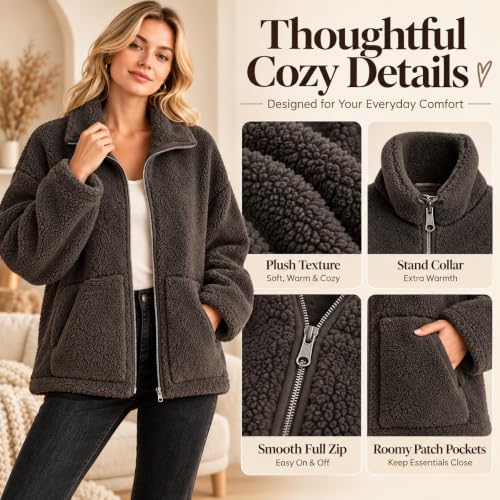 Sherpa Jacket Women, Full Zip Up Fuzzy Jackets Long Sleeve Stand Collar - image 4