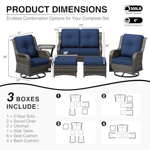 Image of Joyside 6 Piece Wicker Patio Furniture Set, Outdoor Swivel Rocker Patio Chairs with High Back, Deep Seating, Wide Armrest, Thickened Cushions, Outdoor Furniture for Deck, Porch Use