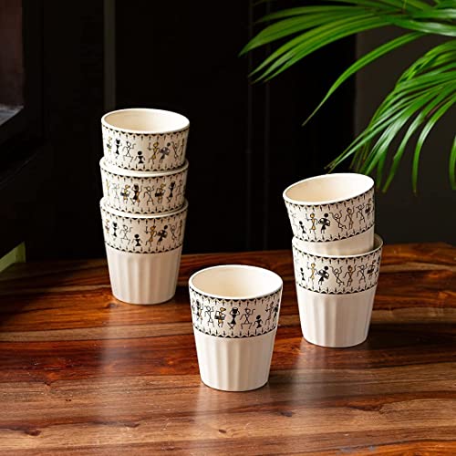 Image of ExclusiveLane 'Whispers of Warli' Handcrafted Ceramic Tea Glass Set Tea Cups for Tea Glasses Set of 6 (160 ML, Microwave Safe, Dishwasher Safe) Cearmic Tea Cups Set Chai Tea Glasses for Tea Chai Cups