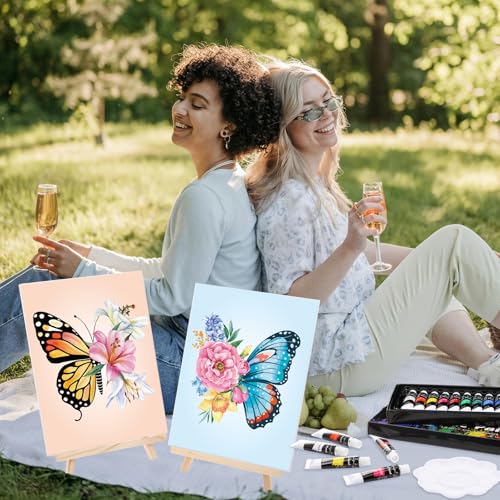 Cholemy 36 Pcs Paint and Sip Kit for Adults 8\'\'x10\'\' Pre Drawn Canvas for Painting DIY Afro Acrylic Painting Kit Wood Easel Brushes Date Night Bulk for Mother\'s Day Party Gifts(Butterfly)