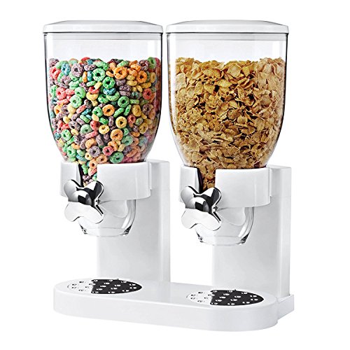 Consejos para Comprar Dispensadores de cereales los 5 mejores. 48 Aratsa POP Dispensador de Cereal Doble Deluxe - Blanco - Elegante - Dos Contenedores Cilíndricos con Tapa y Mecanismo de Perilla Giratoria - Cereales