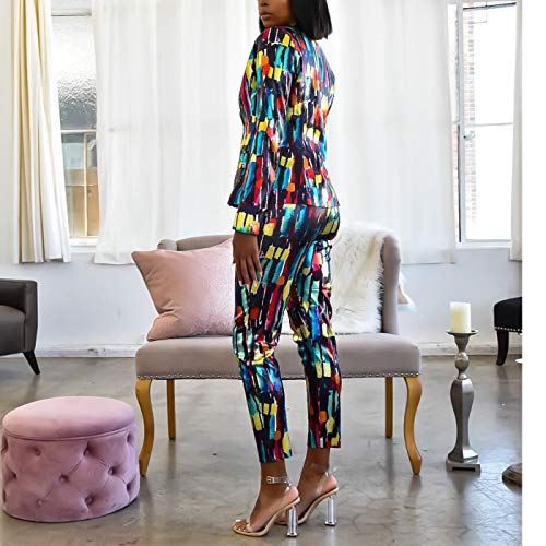 Womens Leaf Print Blazers 2 Piece Outfits Long Sleeve Suits with Pants Tracksuit Letter Print Multicolored Small