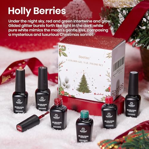 Image of Beetles Gel Nail Polish Set - Summer Holly Berries 6 Colors Gel Nail Kit with Sparkle Glitter Red Green Gold Silver Shades Holiday Nail Art Gift for Women Soak Off UV LED Nail Gel