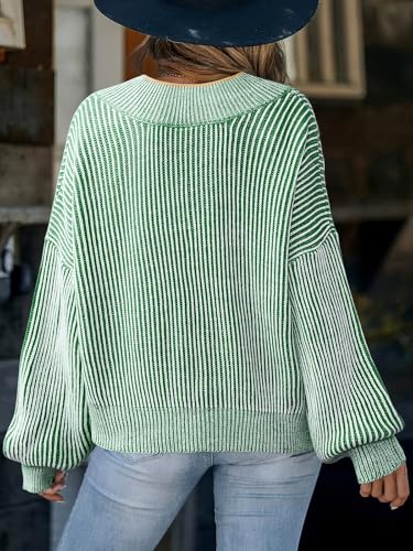 Image of CUPSHE Womens Sweaters Oversized Sweater Loose Fit Long Sleeve Sweater V Neck Striped Pullover Sweater Tops