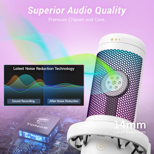 Image of TONOR Gaming Microphone, RGB PC Microphone, Cardioid Condenser USB Mic with Adjustable Light Modes & Brightness, Quick Mute, Gain Control, for LiveStreaming, Recording, PS4 /5, Mac, TC310 White | Desktop Stand Set, Quick Mute, Volume Control, for Twitch Streaming, Discord Chatting, 200 cm /78'' Cable, White, TC310