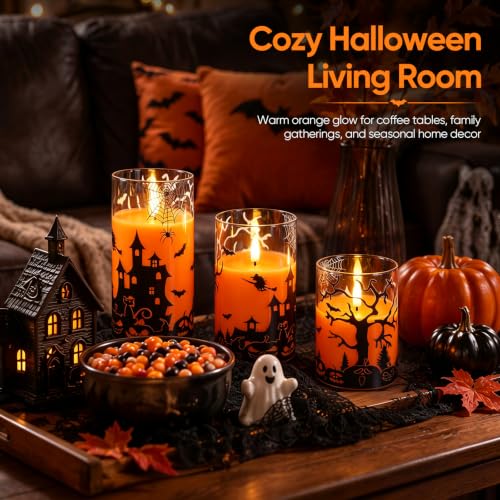 Image of Homemory Halloween Flameless Candles, Glass Shell, Remote Timer, Set of 3