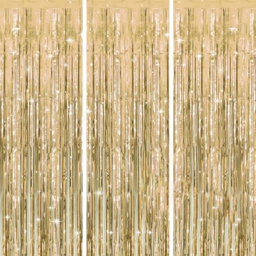 Cortina de flecos metálicos champagne gold 3 piezas 3.28x6.56 pies miniatura 1