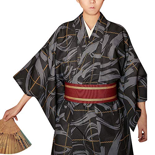 Men's Japanese Traditional Kimono Robe Long Sleeve Spa Bathrobe Easy Wearing Yukata Sleepwear Nightgown Unisex OBI Belt Set (One Size, 814# Black)2