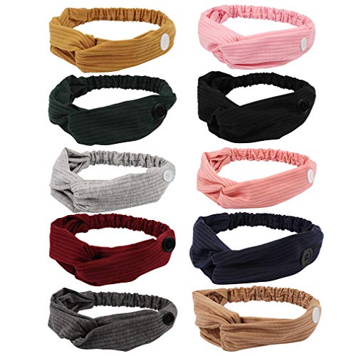 10 Pack Headbands for Women Boho Turban Cross Headband with Button Headband for Nurses Doctors Head Wrap Elastic Hair Band