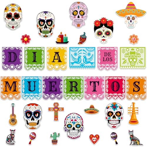 JUESMOS Day of The Dead Decorations Sugar Skull Cutouts Halloween Decor Dia De Los Muertos Colorful Skull Cutouts for Kids Students Classroom Bulletin Board Wall Decor Mexican Fiesta Party Supplies