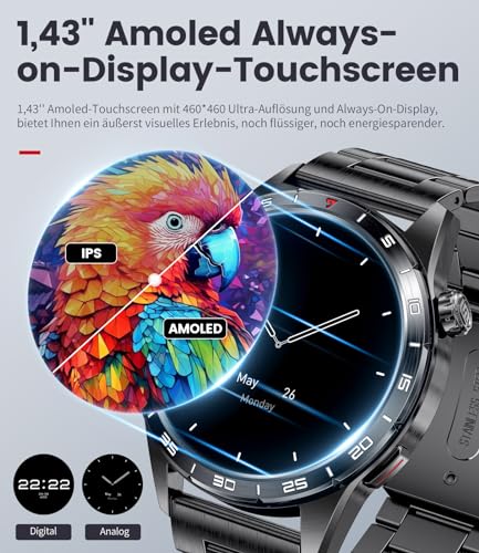 LIGE Smartwatch Herren mit 400mAh Lange Akkulaufzeit für Android iOS,1.43'' Amoled Display,110+ Sportmodi,Bluetooth-Anrufe,IP68 Wasserdicht Fitnessuhr mit Herzfrequenz, SpO2, Schlafmonitor,3 Armbänder – Bild 4
