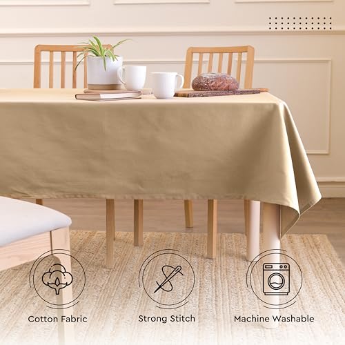 Image of Encasa XO Dining Table Cover Cloth for 4 to 6 Seater | 140x180 cm Cotton Canvas Rectangular Table Cloth | Machine Washable Tablecloth for Indoor & Outdoor Use - Light Beige Solid Color