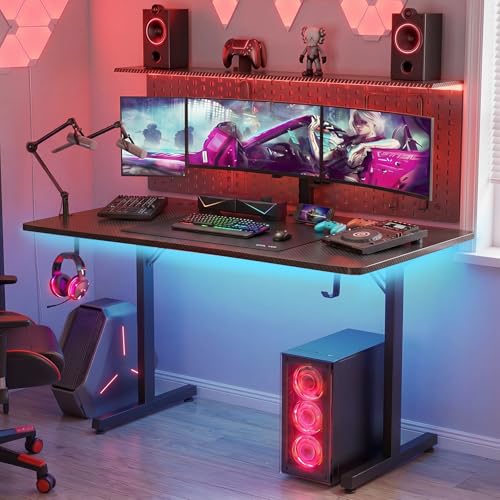 Image of GTPLAYER 55 Inch Gaming Desk with LED Lights, Large Computer Desk with Mouse Pad for Home Office, T-Shaped Carbon Fibre Surface PC Game Workstations with Headphone Hook