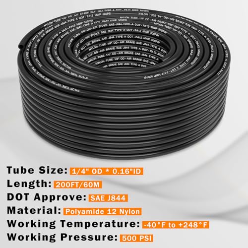 Image of CheeMuii 200 FT 1 /4 inch DOT Air Line 1 /4 PA12 Nylon Pneumatic Tubing 61 Meter 1 /4 Inch OD Pneumatic Air Tubing Pipe Hose Line for Semi Truck Trailer or Industrial Air System