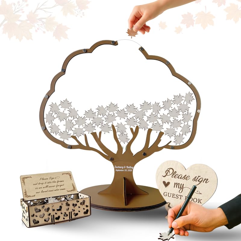Image of Personalized Maple Tree Wedding Guest Book Alternative, Fall Leaf Drop Box | Personalized rustic fall wedding drop top box, wooden tree guest book alternative sign, unique bridal shower keepsake gift