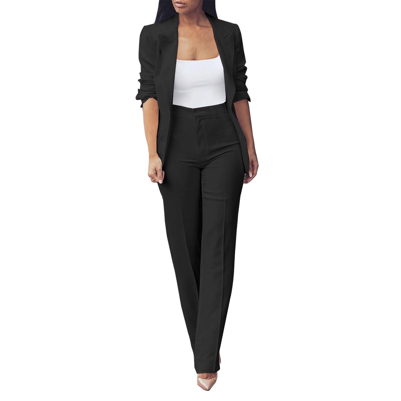 Completo Donna Elegante 2 Pezzi Gilet Giacca Lunga Maniche e Pantaloni in Vita Alta Tailleur Ragazze Eleganti Estate in Tinta Unita Vita Alta Curvy Pantalone Due Pezzi Suit Cerimonia Set per Donne