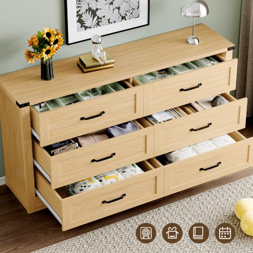 Image of BORNOON 6-Drawer Dresser for Bedroom, Modern Wooden Chest of Drawers with Metal Handles, Anti-Tipping Design, Sturdy and Stable Storage Organizer for Living Room, Entryway, Home Office