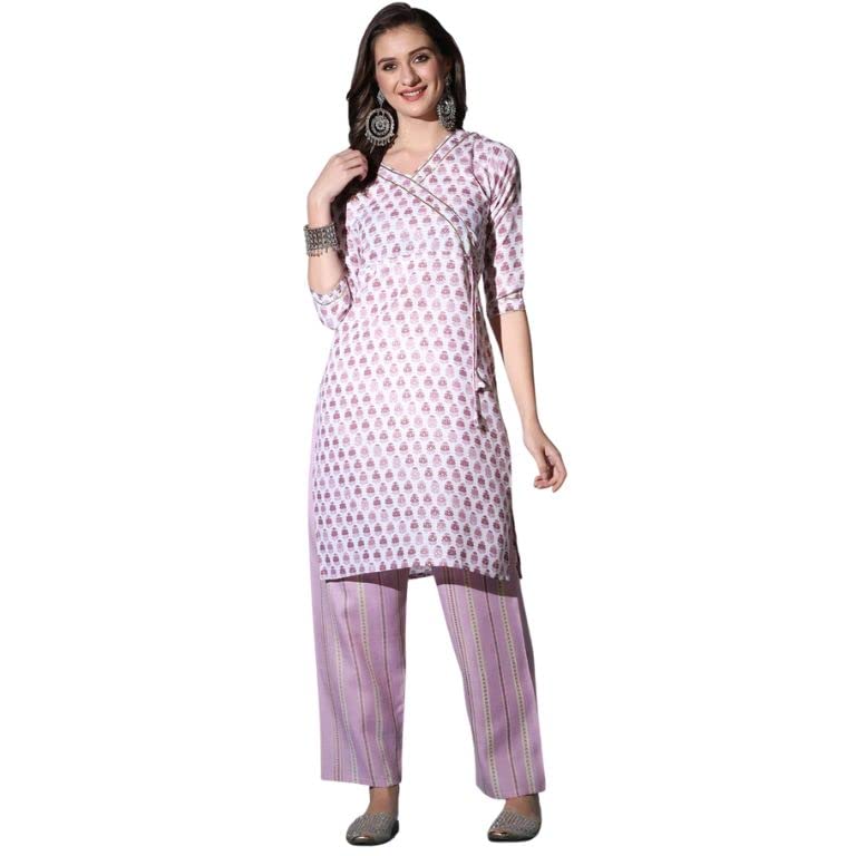 Om Sai Latest Creation Kurta For Women || Cotton Fully Stitched All Over Temple Gota Printed Straight Angrakha Style Kurta For Girls || 'V' Neck Printed Kurtas For Women. (Large, Purple)