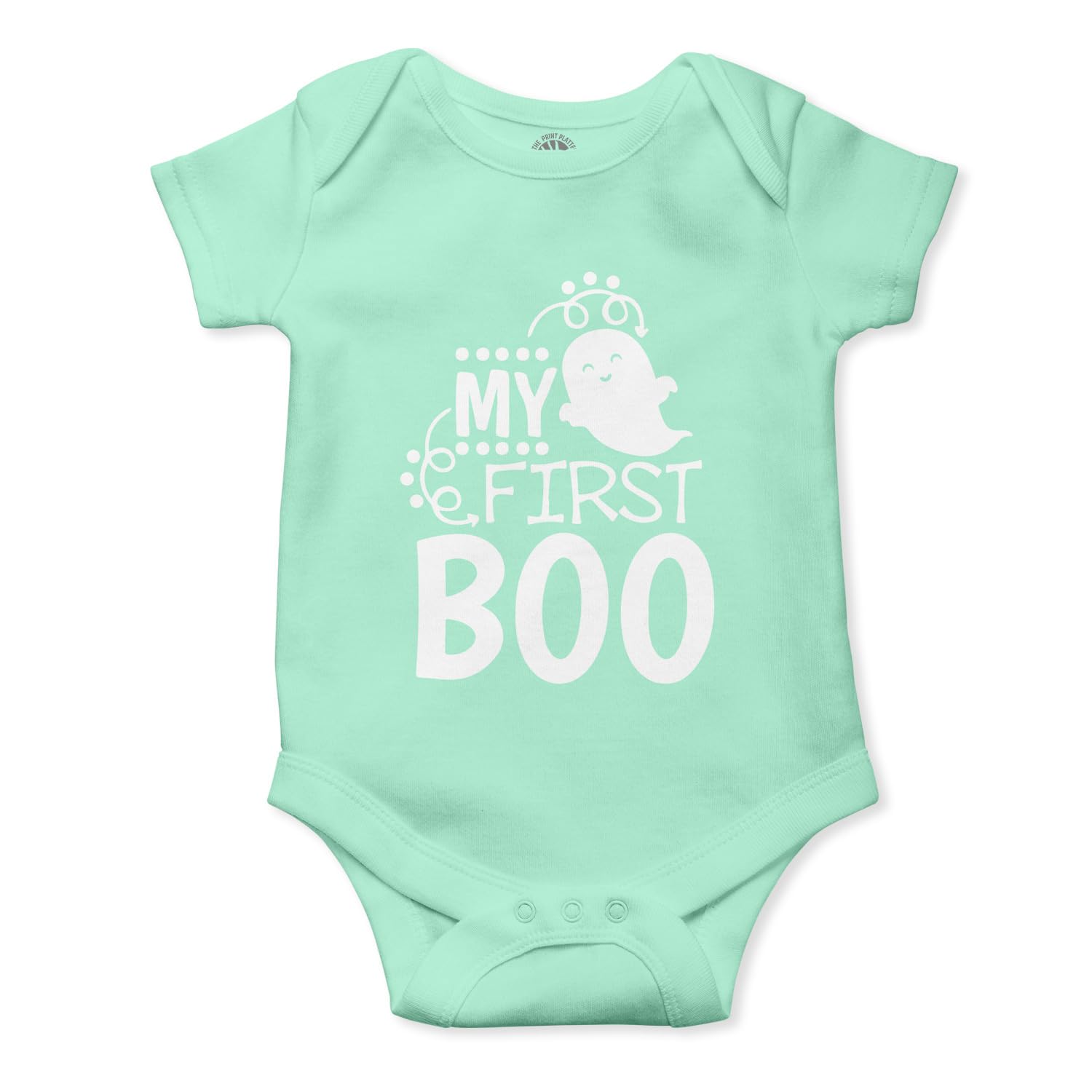 THE PRINT PLATTERBoo! Sage Green Unisex Half Sleeve Baby Romper With Print | My First Boo Sage Green Romper 100% Organic Cotton Baby Romper With Envelope Neck|R-R17