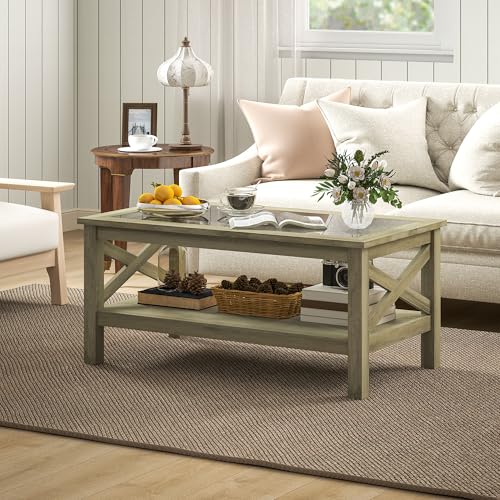 HOMCOM Glass Coffee Table, Modern Farmhouse Center Table with Storage, Side Table for Living Room with Classic X-Bar Style Sides, Gray HOMCOM Glass Coffee Table, Modern Farmhouse Center Table with Storage, Side Table for Living Room with Classic X-Bar Style Sides, Gray