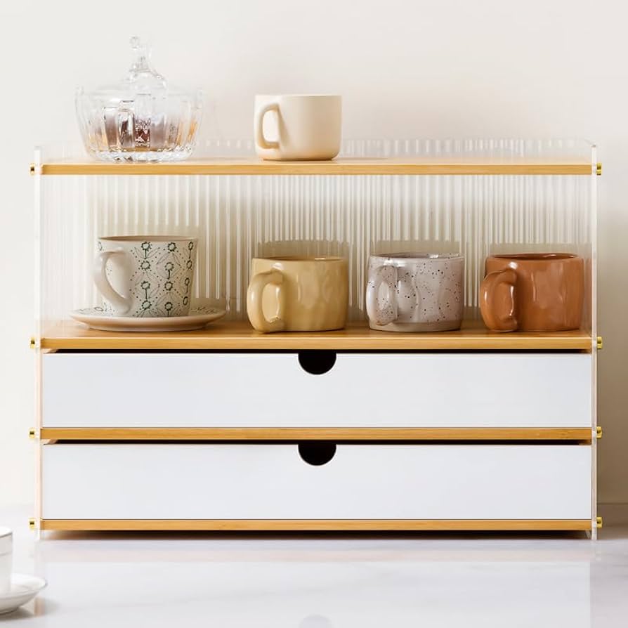 キャビネット　本棚　食器棚　4段引き出し　収納棚 ガラスキャビネット 引き出し付き 収納ラック4段 6BOXシリーズ