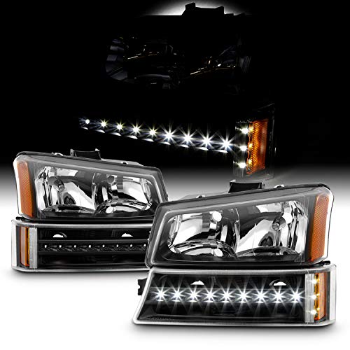 AKKON - Fits 2003-2006 Avalanche 1500/2500 Silverado 1500HD/2500HD/3500 2007 Classic Black Headlights + LED Bumper Lights Pair