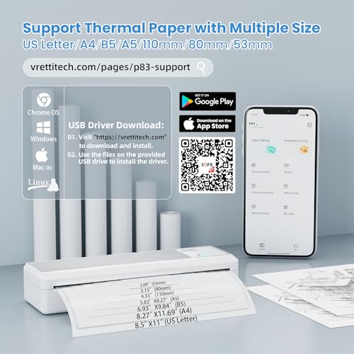 Image of vretti P83 Mobile Printer A4 for Travel, Thermal Printer A4 Compatible with Android and iOS, Mobile Printer Supports 210 x 297 mm A4 Thermal Paper for Home, Office, Photo
