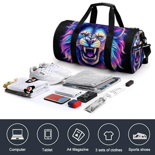 Portable Large Duffel Bag for Men, Waterproof Gym Yoga Tote Bag Trippy Space Animal King Cool Lion Art Carry on Overnight Bags for Travel Sports4
