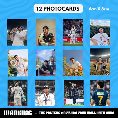 Image of Shubman Gill Gift Merchandise | 10 Premium Posters, 13 Stickers, 12 Photocards & 1 Split Poster | Aesthetic Shubman Gill Merchandise Gift Set for Cricket Fans | Posters Combo Pack for Room Decor