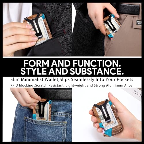 Image of Wallet for Men, Minimalist Slim RFID Blocking Resin Wood Credit Card Holder with Money Clip, Easily Removable Cash&Card Metal Wallet,Resin River,Natuarl Walnut Wood,Unique Pattern,Gift for Men