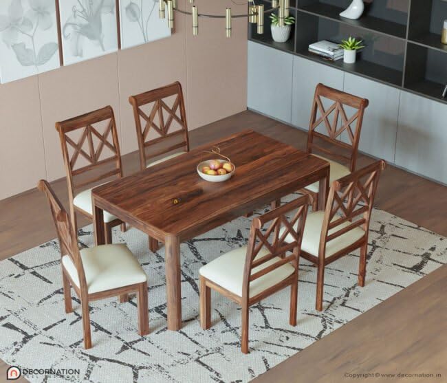 Image of DecorNation Ella Solid Wooden 6 Seater Dining Table Set with Chairs | Cushioned Faux Leather Seats | Rectangular Dining Table | Modern Dining Furniture for Home