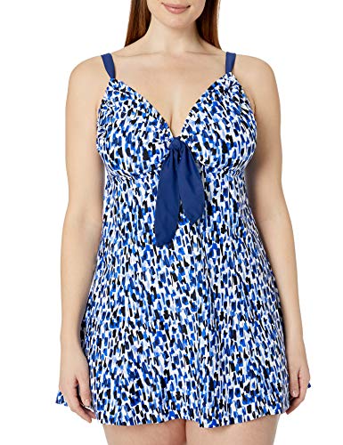 Maxine Of Hollywood Women's Tie Front Swimdress One Piece Swimsuit, Navy//rain, 14