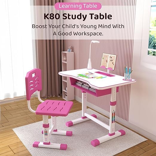 StarAndDaisy Kids Functional Desk and Chair Set, Height Adjustable Children School Study Table with, Bookholder Slot, LED Lamp, Storage for Boys Girls 4-12 Years. (K80-Pink+) - Image 2 thumbnail