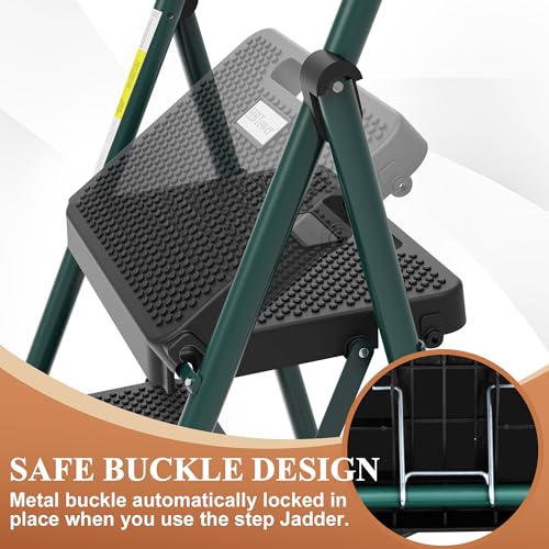 HBTower Folding 4-Step Steel Ladder with Handrails for Home, Kitchen, Office, and Library - Green