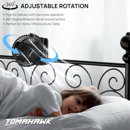 Image of Tomahawk DCF-3465 Rechargeable Cordless Clip-On Fan | 5000mAh USB Battery Fan | 720 Adjustable Rotation | 3 Speed Silent Brushless Motor | Desk & Clamp Fan for Home, Office & Travel (Black)