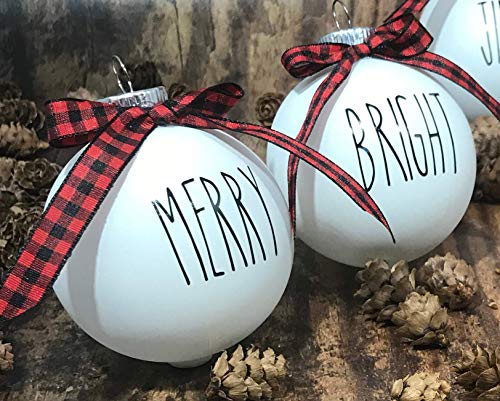 Farm-House-Ornament-Set-6-Shatterproof-Matte-White-Bulbs-With-Black-Lettering-and-Buffalo-Plaid-Bows Farm House Ornament Set 6 Shatterproof Matte White Bulbs With Black Lettering and Buffalo Plaid Bows