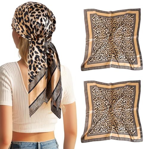DAMILY 90x 90cm 2 Stück Damen Kopftuch quadratischer Schal Seidenschal Bandana Halstuch Square Schal Mit braunem Leopardenmuster(Braun)